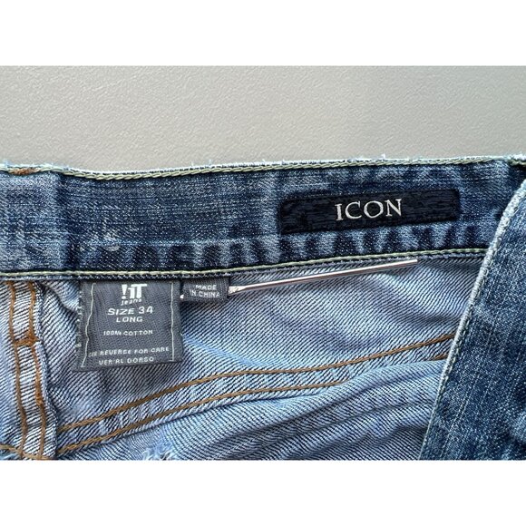 !1T Jeans Size 34 Long Distressed Straight Leg Denim Frayed Hem Blue Cotton Y2K - Picture 7 of 10